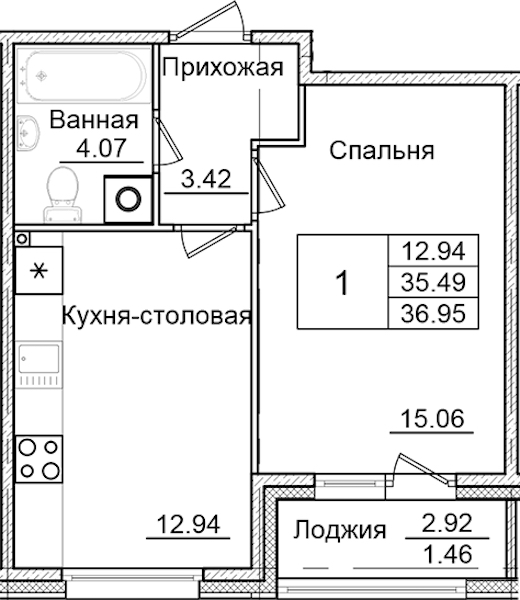 1-комнатная квартира 36.95 м², 1/9 эт., ЖК «Квартал Заречье»